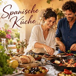 Paare kochen spanische Gerichte in einer Küche mit mediterranem Flair.