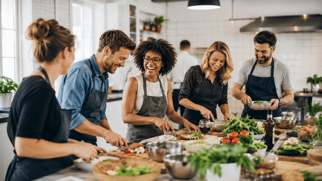 Team beim gemeinsamen Kochen in Olaf(s) Kochschule
