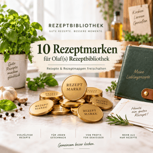 Olaf's Rezeptmarken für die Rezeptbibliothek mit goldenen Markern und Küchenutensilien.