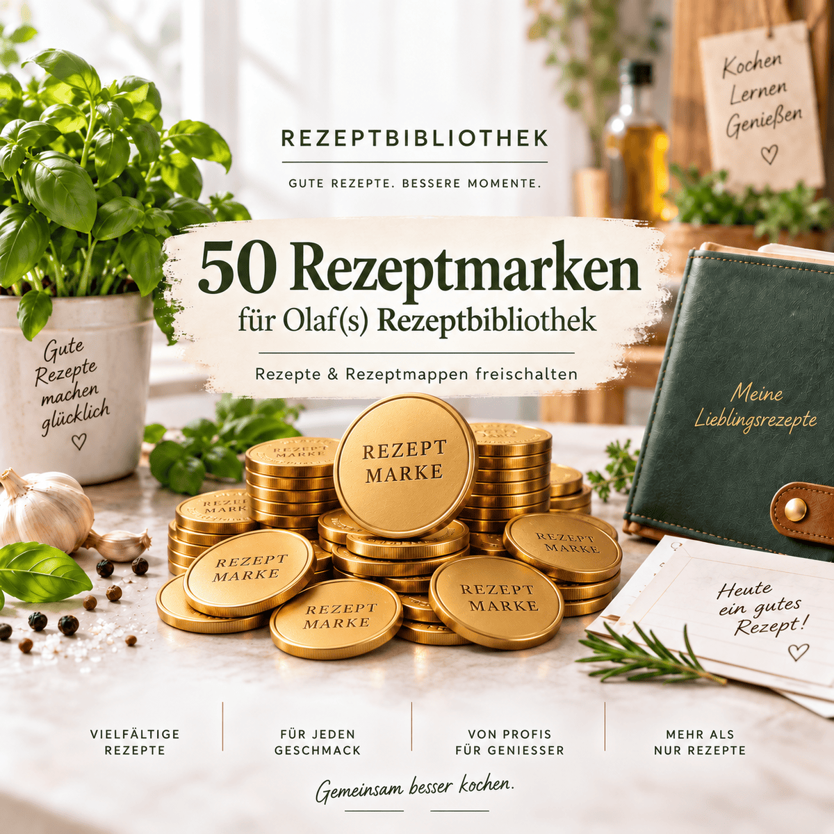 50 Rezeptmarken für Olaf(s) Rezeptbibliothek auf Küchenhintergrund.