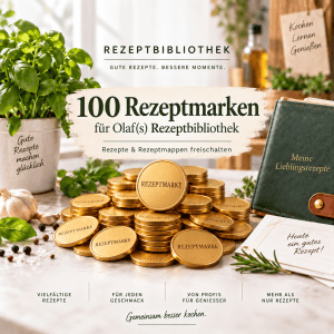 100 Rezeptmarken für Olaf(s) Rezeptbibliothek auf einem Tisch mit Kochutensilien.