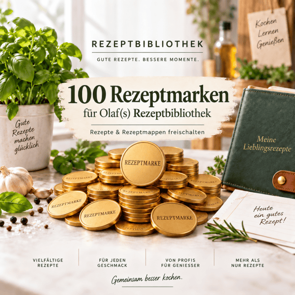 100 Rezeptmarken für Olaf(s) Rezeptbibliothek auf einem Tisch mit Kochutensilien.