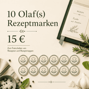 Olaf(s) Rezeptmarken für 10 Rezepte, 15 €, mit Rezeptmappe und Kräutern.