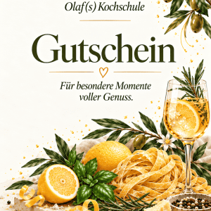 Gutschein für Olaf(s) Kochschule mit Zitronen, Pasta und Oliven.