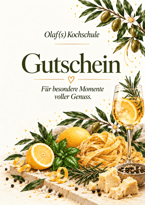 Gutschein für Olaf(s) Kochschule mit Zitronen, Pasta und Oliven.