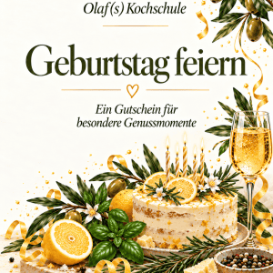 Geburtstagsfeier mit Kuchen, Sekt und Dekorationen bei Olaf(s) Kochschule.