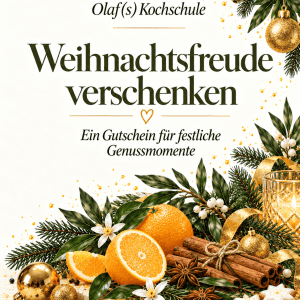 Weihnachtsgeschenk-Gutschein mit festlichen Dekorationen und Orangen.