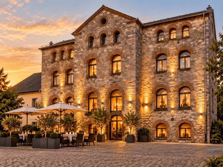 Historisches Gebäude bei Sonnenuntergang mit beleuchteten Fenstern und Außenbereich.
