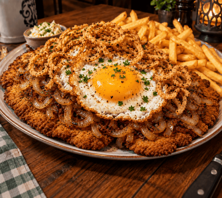 Schnitzel mit Spiegelei, Zwiebeln und Pommes frites auf einem Teller.
