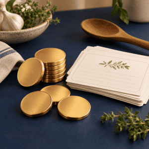 Goldene Rezeptmarken neben Rezeptkarten und Küchenkräutern.