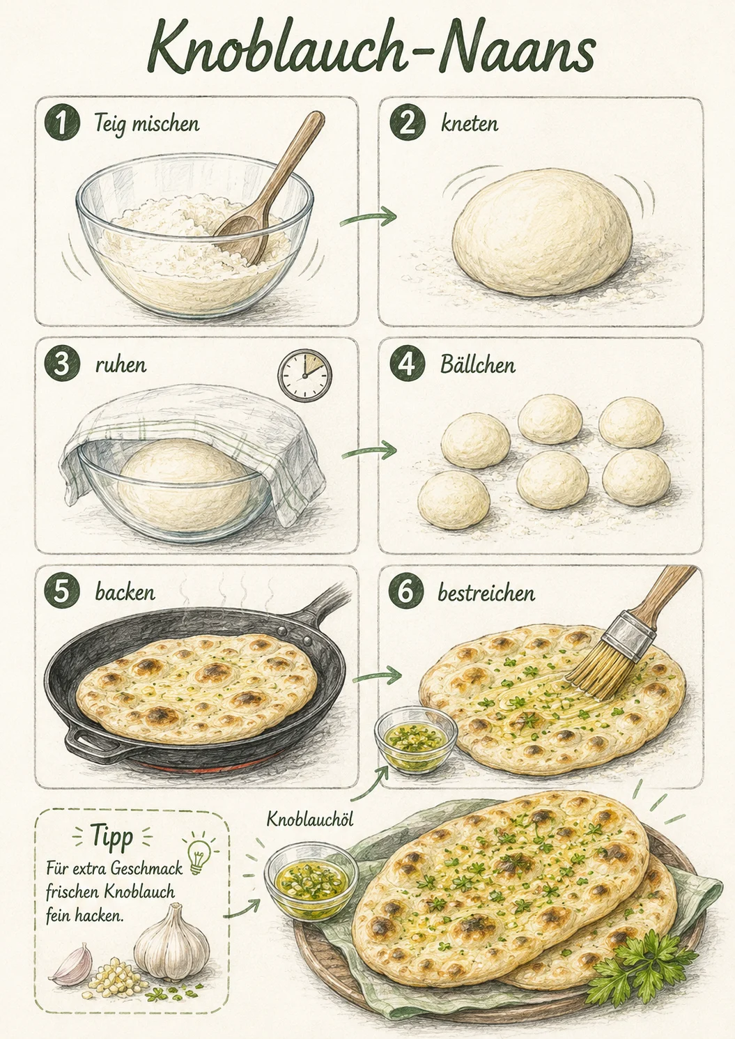 Knoblauch-Naans – handgezeichnete Schritt-für-Schritt-Hilfe