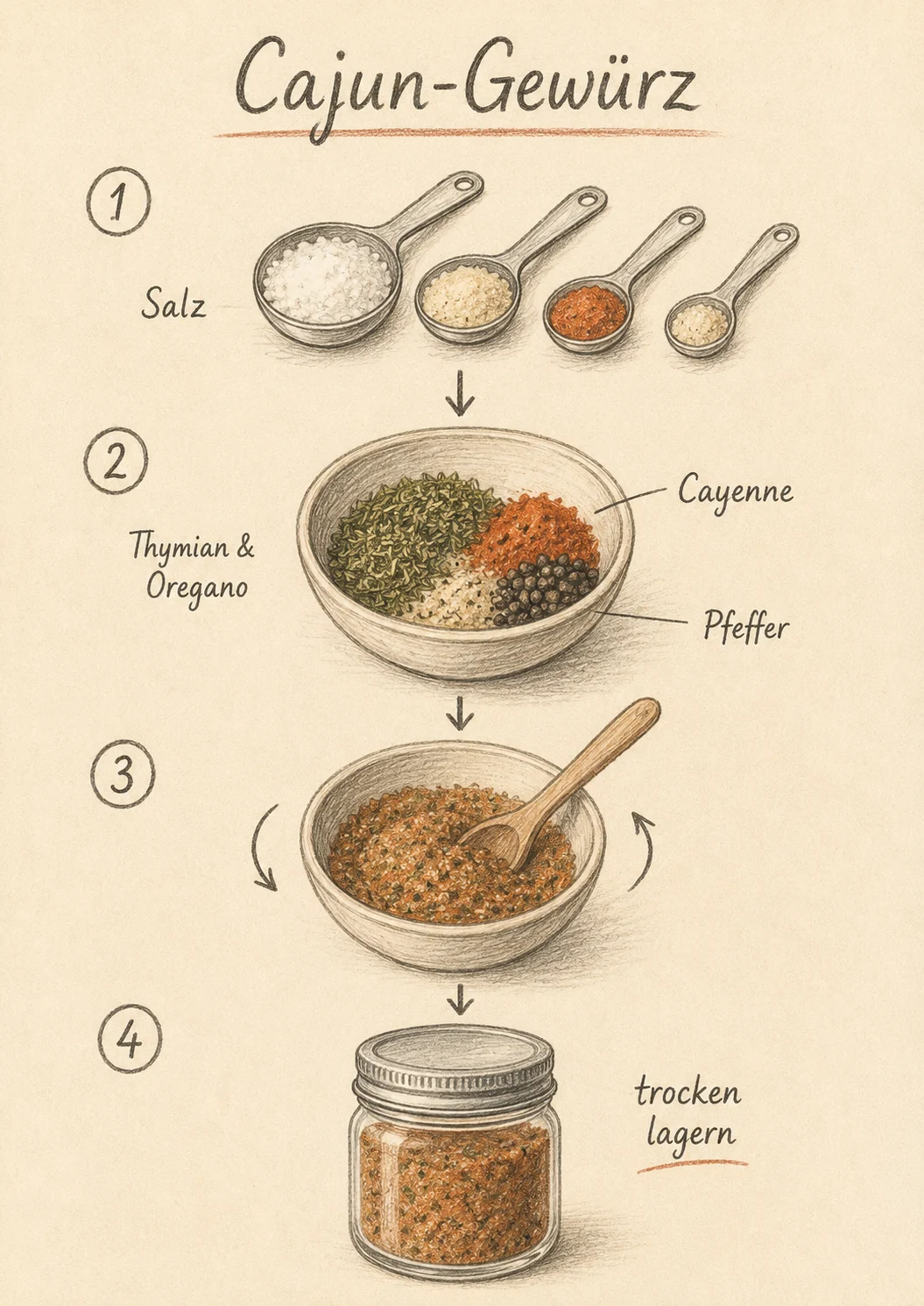 Cajun-Gewürz – handgezeichnete Schritt-für-Schritt-Hilfe