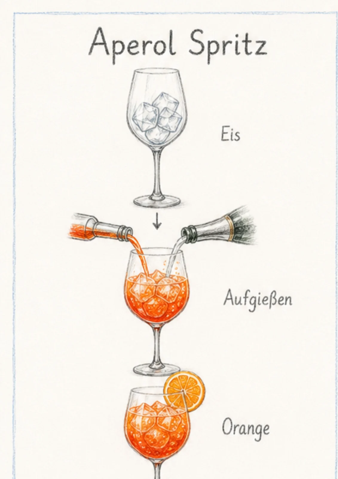 Handgezeichnete Schrittfolge für Aperol Spritz: im glas bauen und kurz rühren