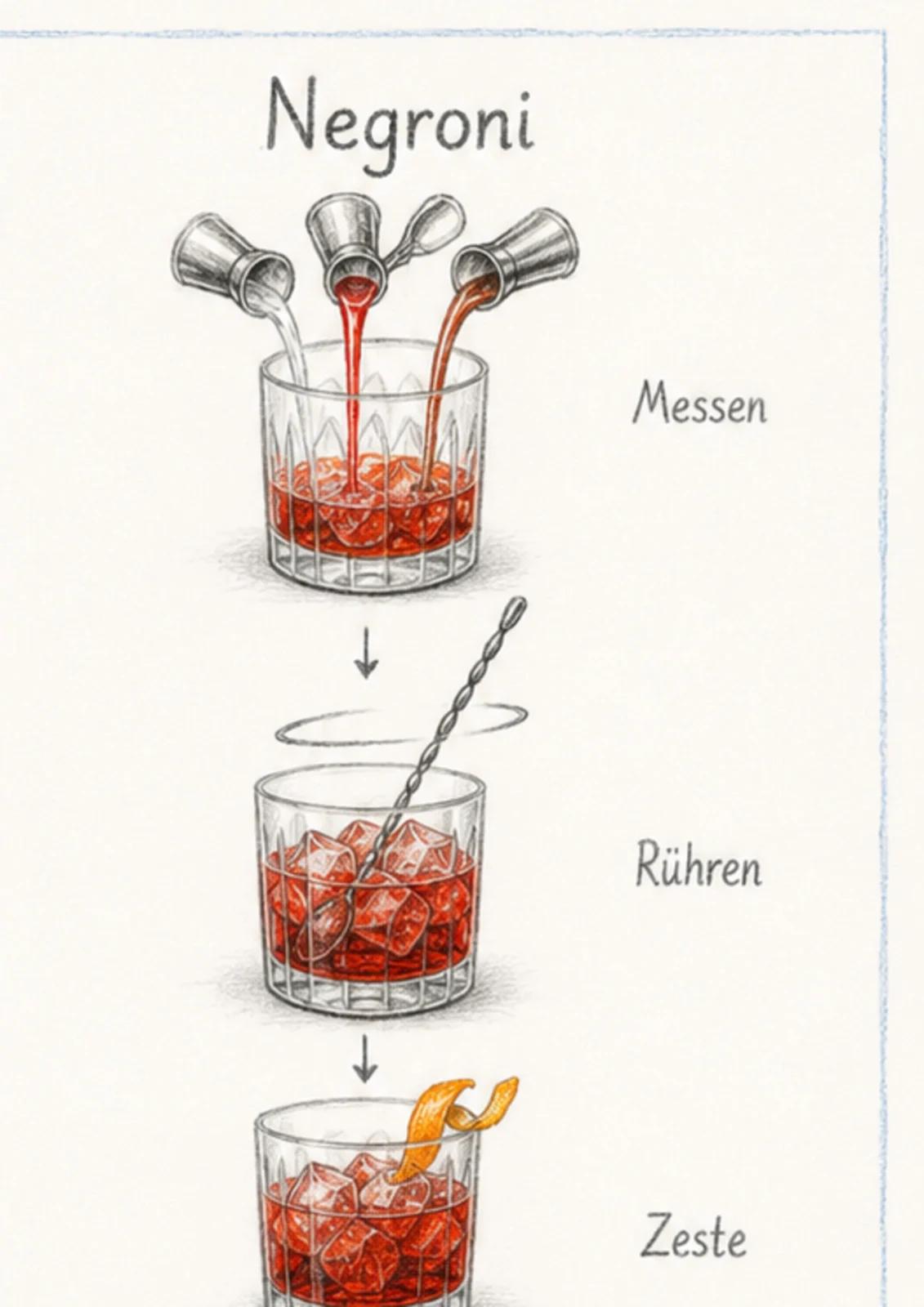 Handgezeichnete Schrittfolge für Negroni: rühren