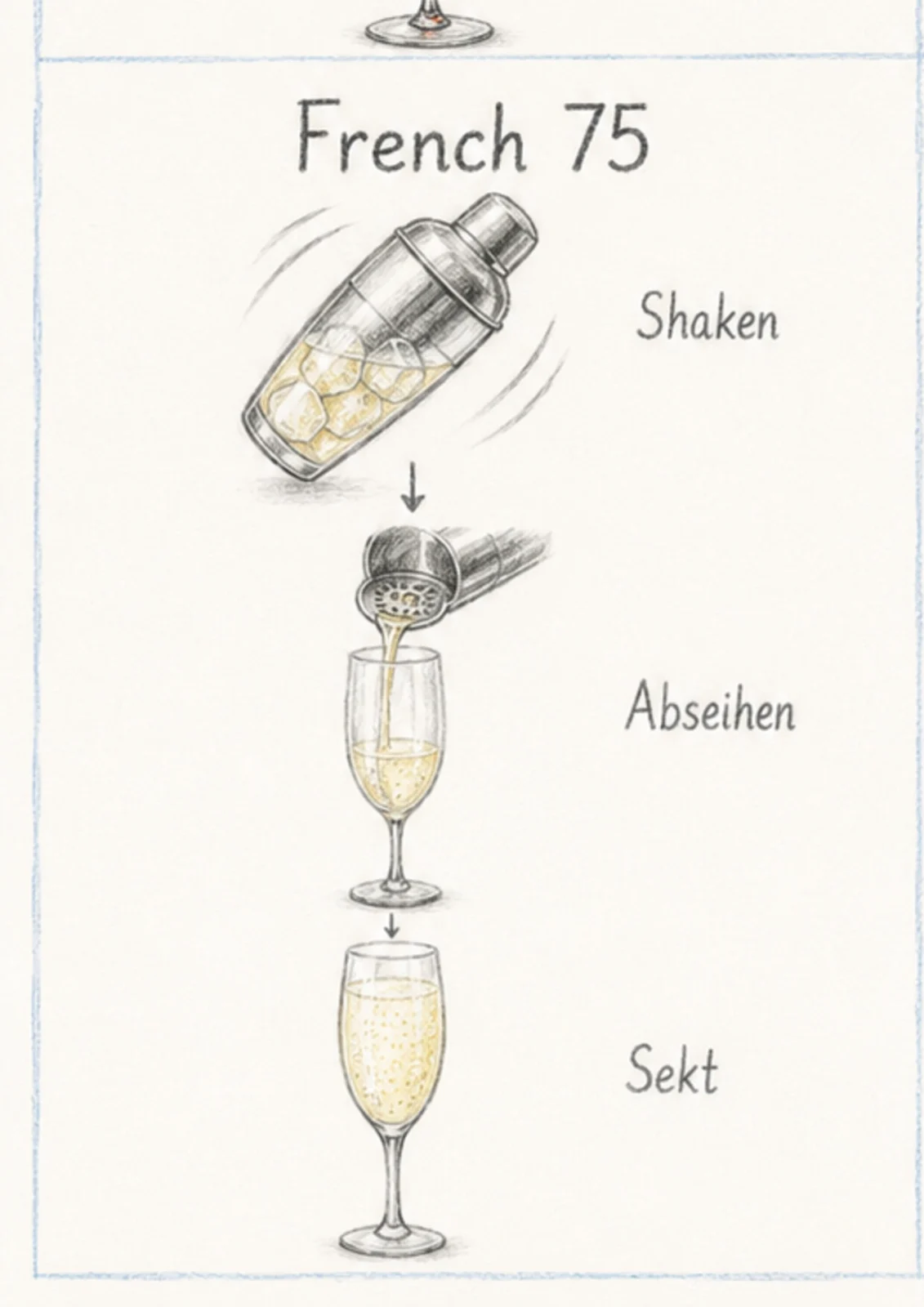 Handgezeichnete Schrittfolge für French 75: shaken und aufgießen