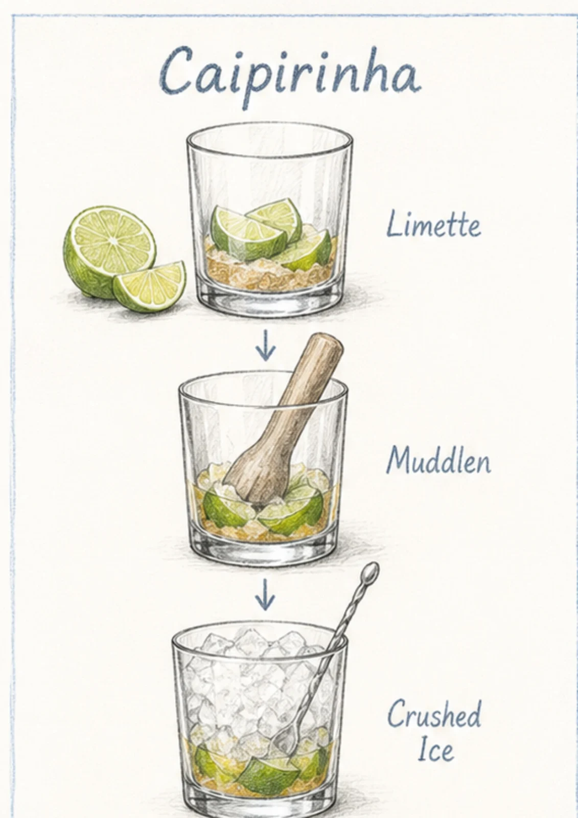 Handgezeichnete Schrittfolge für Caipirinha: muddlen und im glas bauen