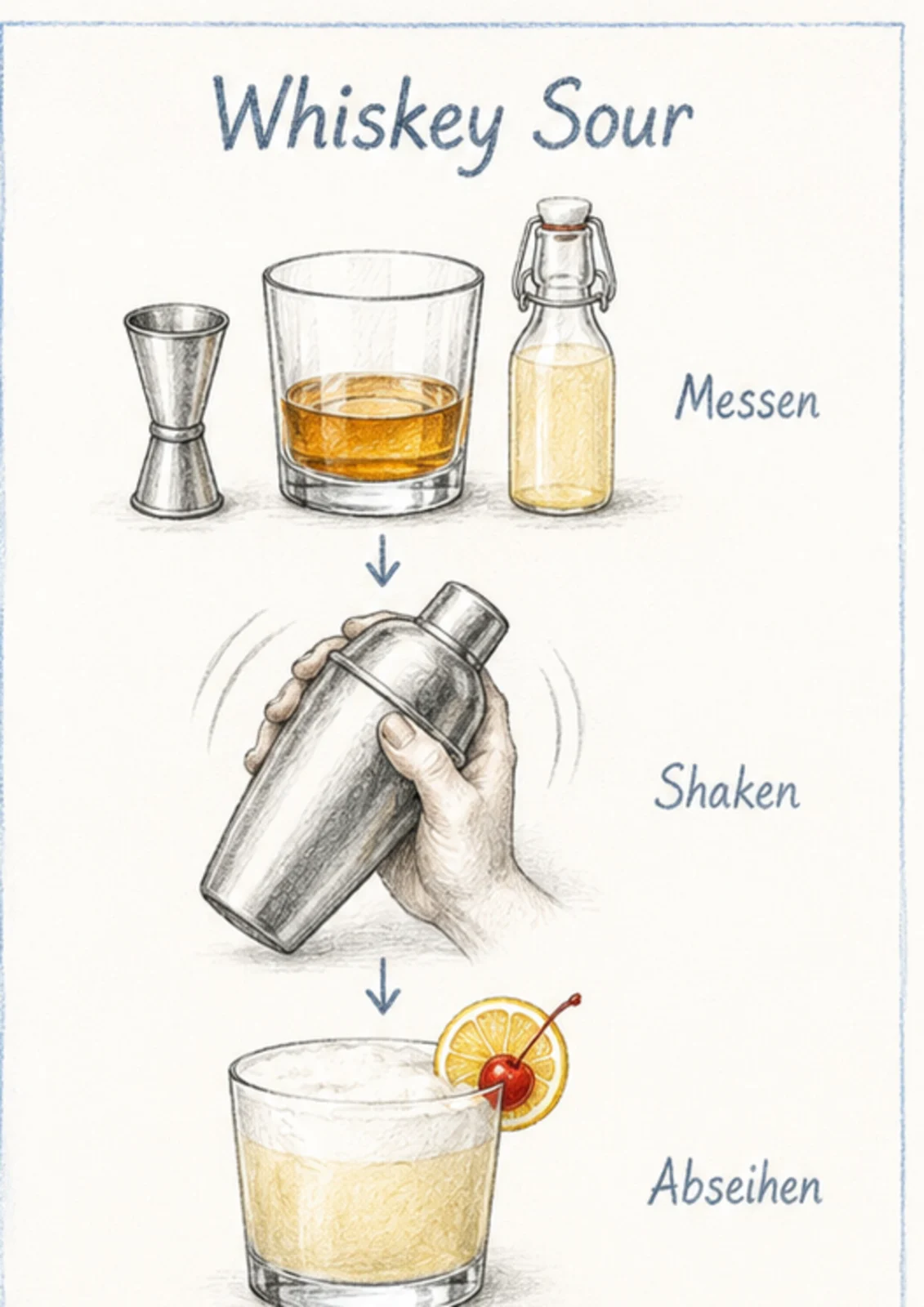 Handgezeichnete Schrittfolge für Whiskey Sour: shaken