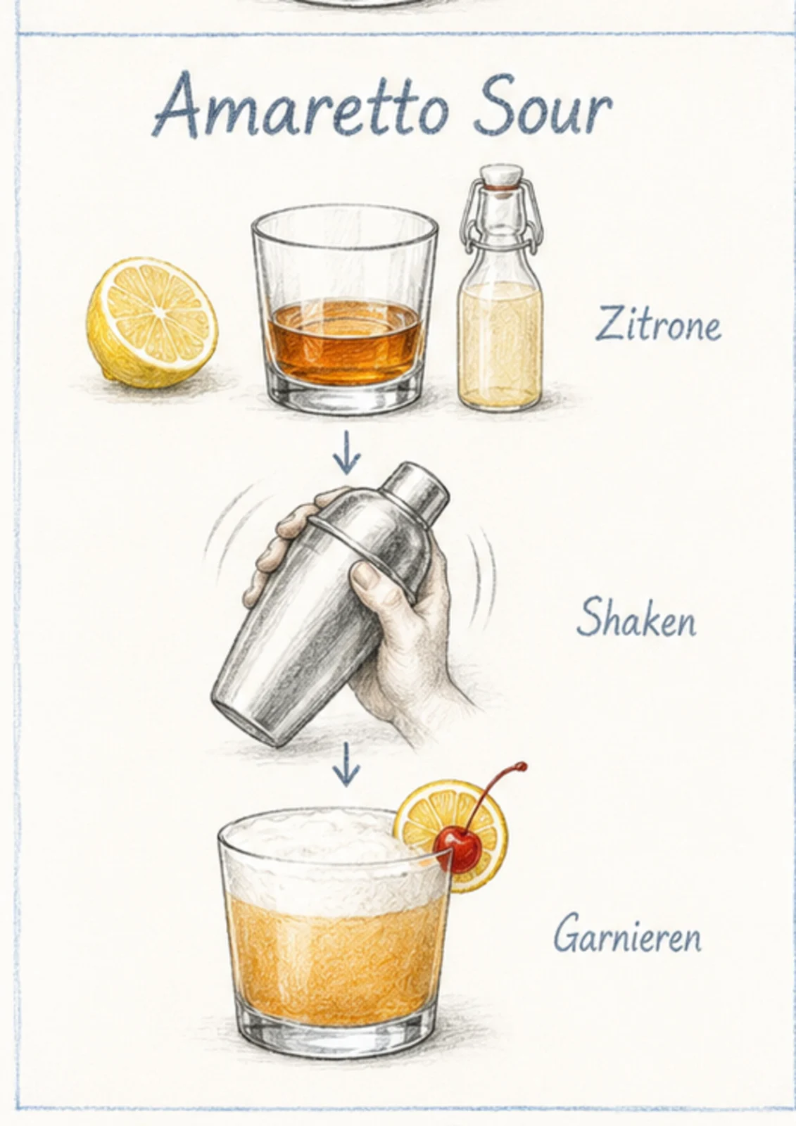 Handgezeichnete Schrittfolge für Amaretto Sour: shaken