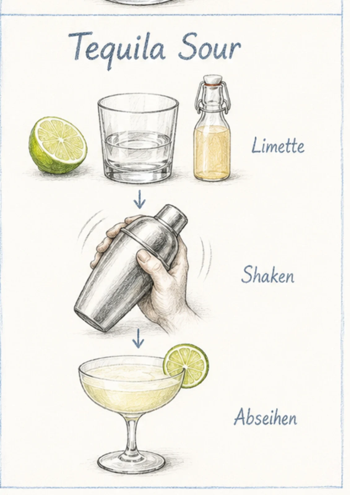 Handgezeichnete Schrittfolge für Tequila Sour: shaken