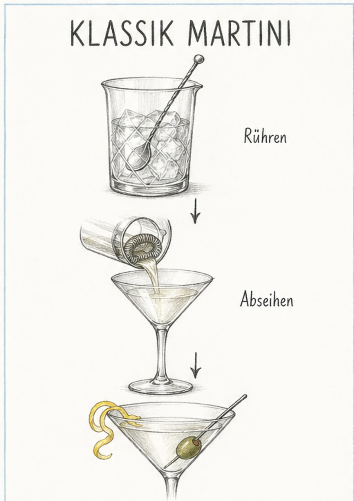 Handgezeichnete Schrittfolge für Klassik Martini: rühren und abseihen