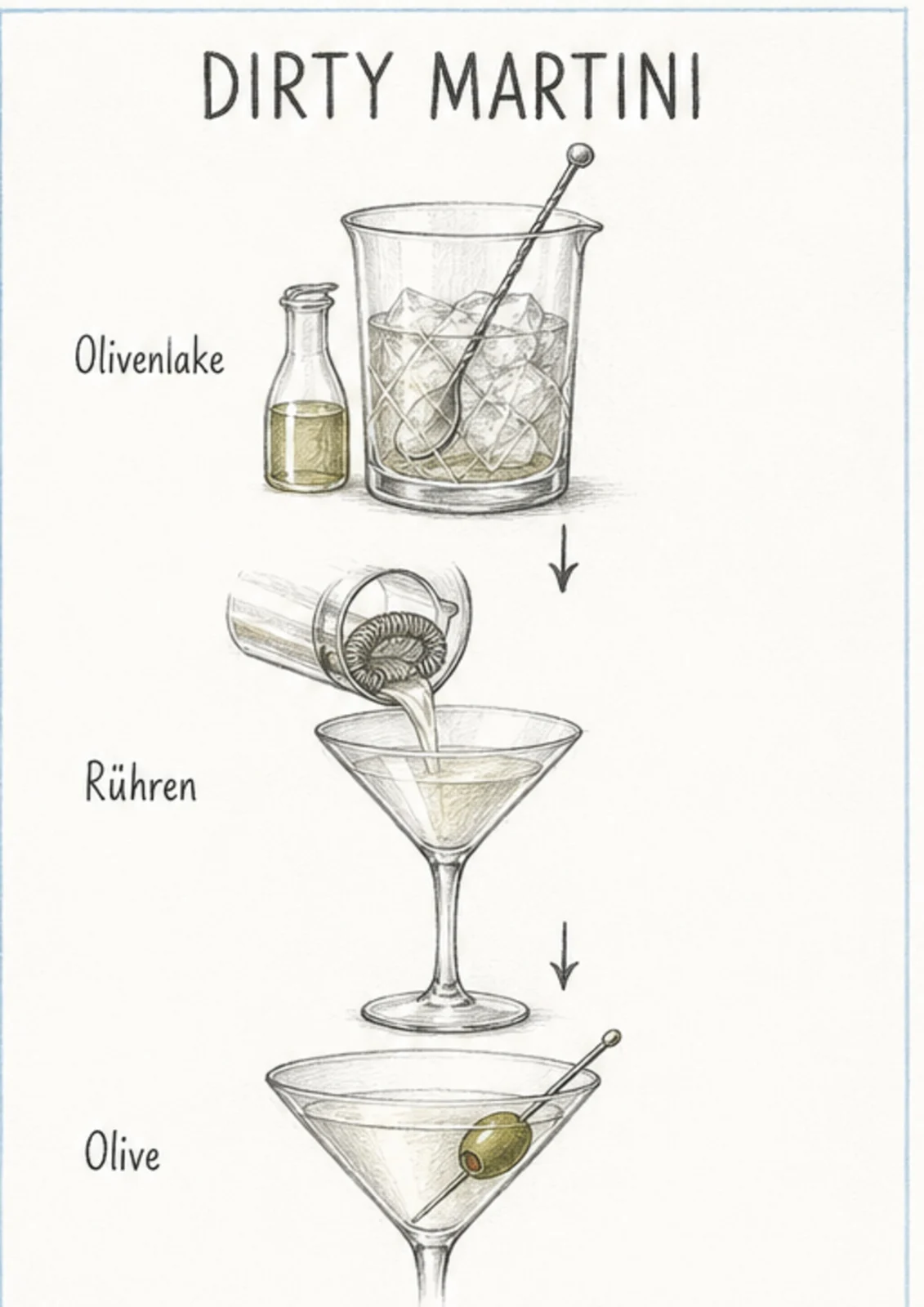 Handgezeichnete Schrittfolge für Dirty Martini: rühren und abseihen