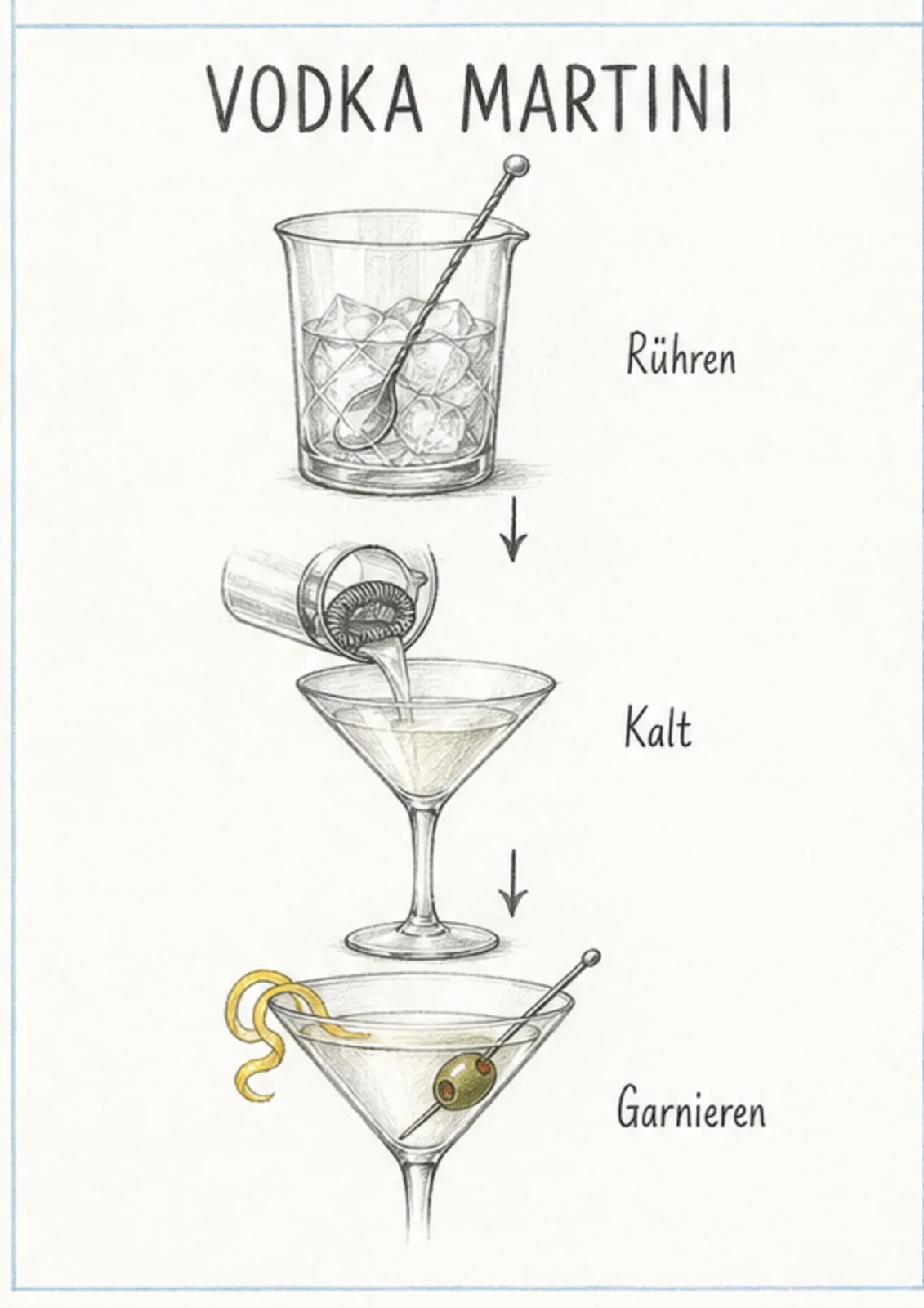 Handgezeichnete Schrittfolge für Vodka Martini: rühren und abseihen