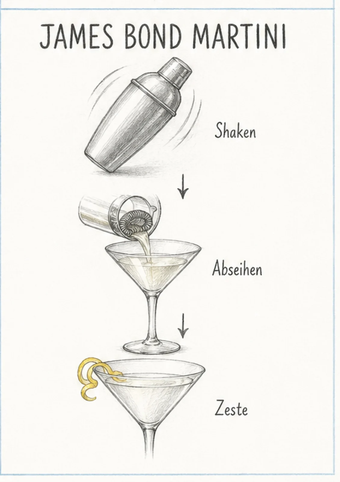 Handgezeichnete Schrittfolge für James Bond Martini: shaken und abseihen