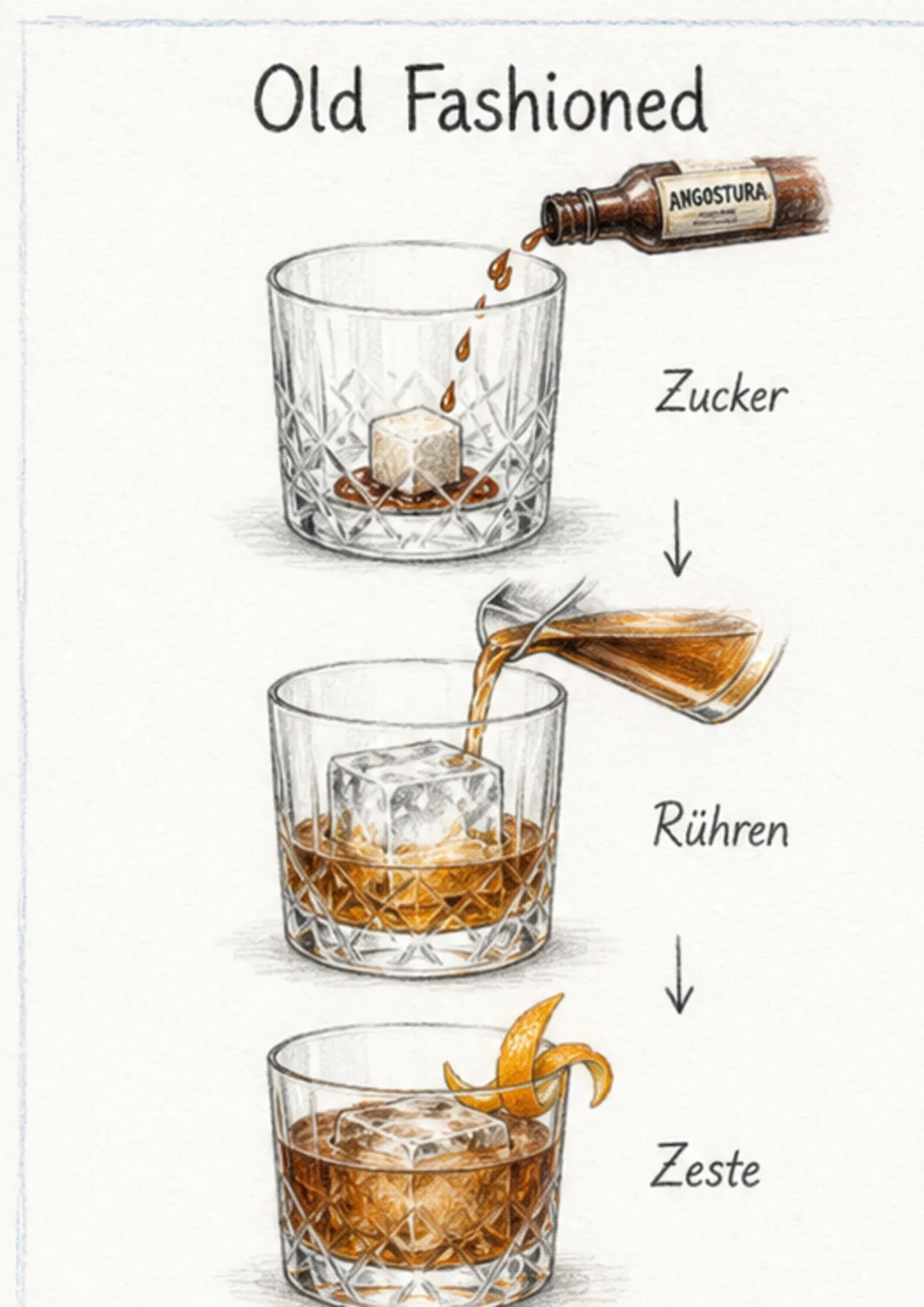 Handgezeichnete Schrittfolge für Old Fashioned: im glas rühren