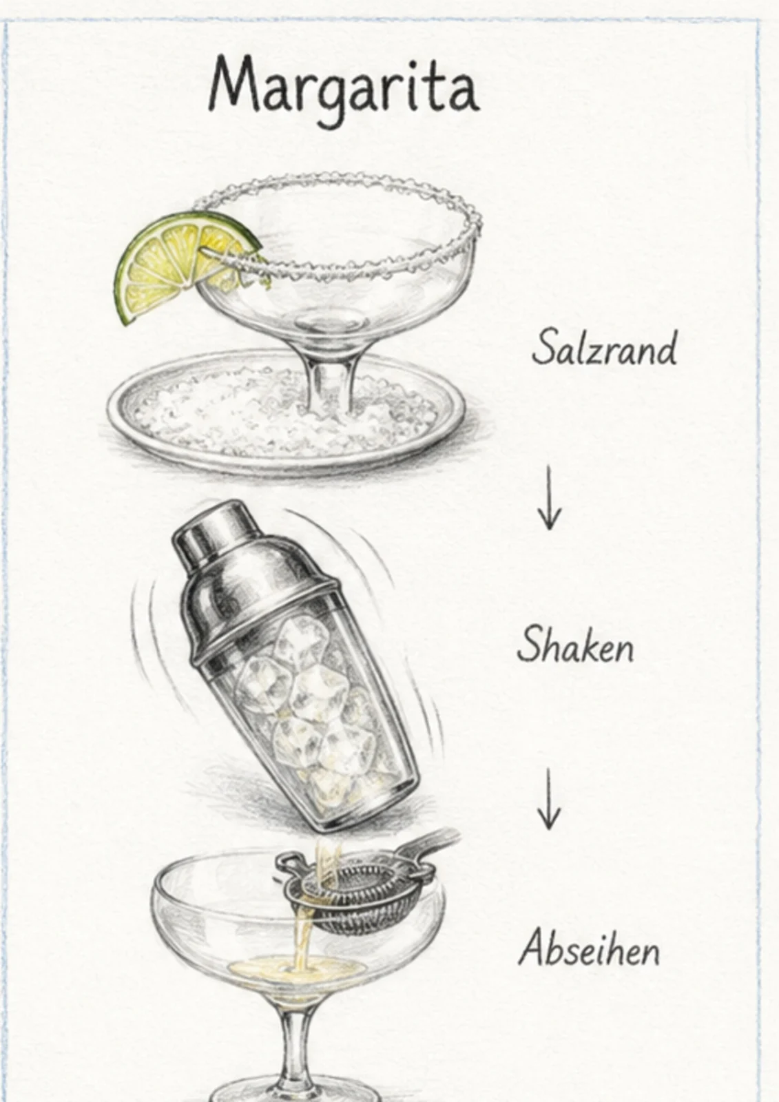 Handgezeichnete Schrittfolge für Margarita: shaken und abseihen