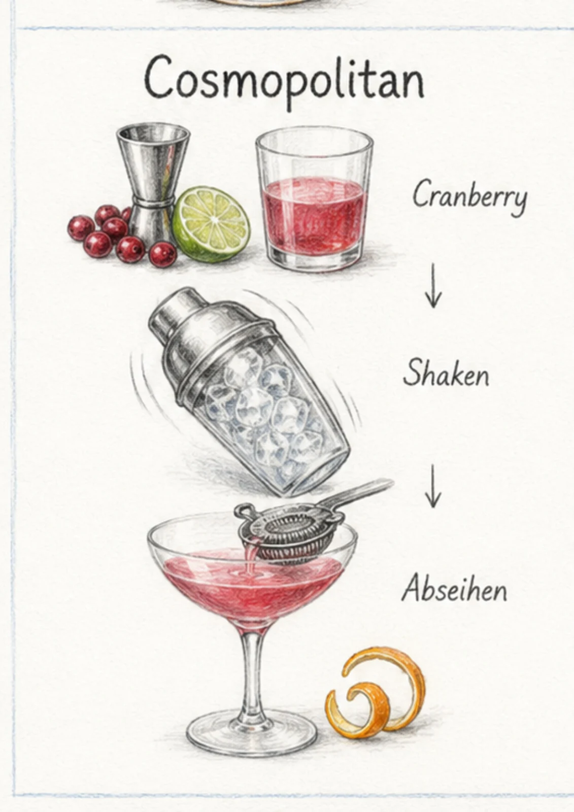 Handgezeichnete Schrittfolge für Cosmopolitan: shaken und abseihen