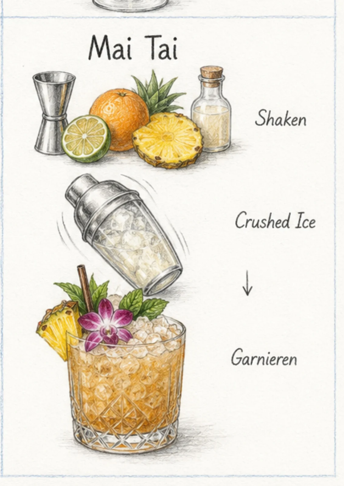 Handgezeichnete Schrittfolge für Mai Tai: shaken und auf eis servieren