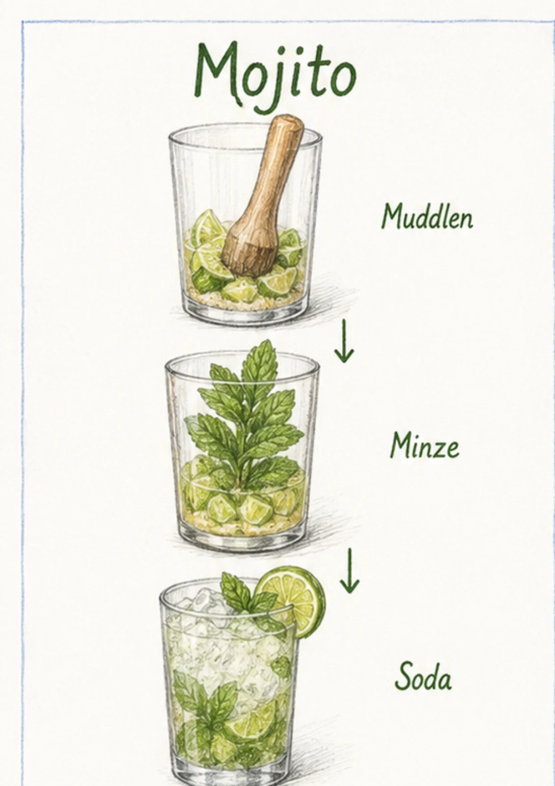 Handgezeichnete Schrittfolge für Mojito: muddlen und im glas bauen