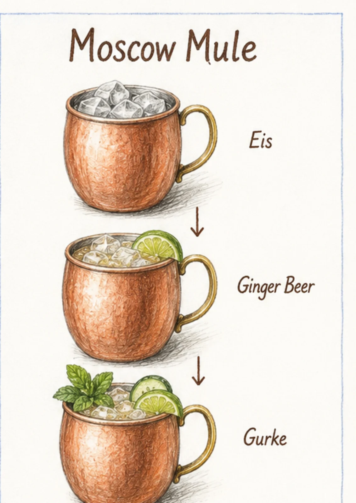 Handgezeichnete Schrittfolge für Moscow Mule: im glas bauen