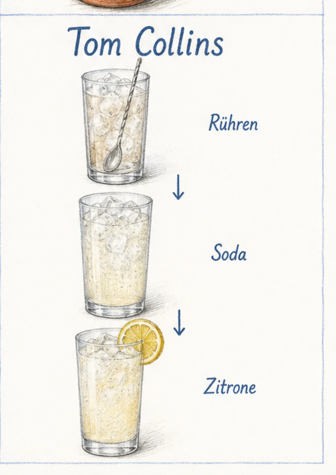 Handgezeichnete Schrittfolge für Tom Collins: im glas bauen