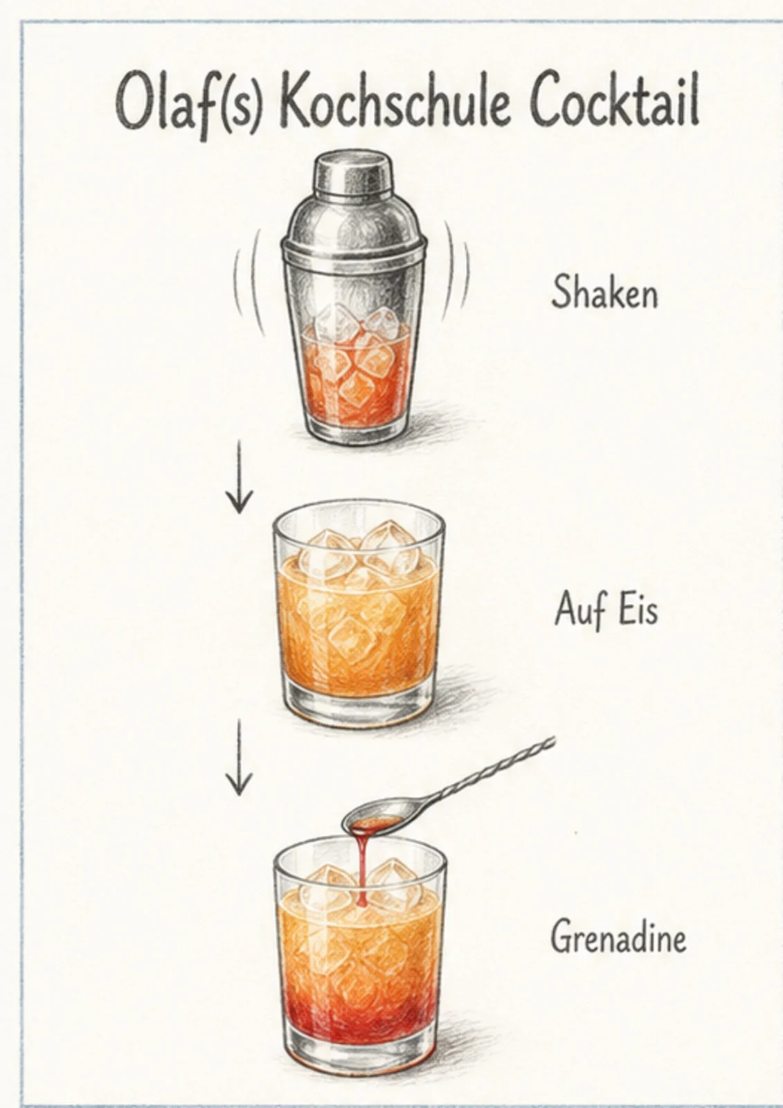 Handgezeichnete Schrittfolge für Olaf(s) Kochschule Cocktail: shaken und schichten