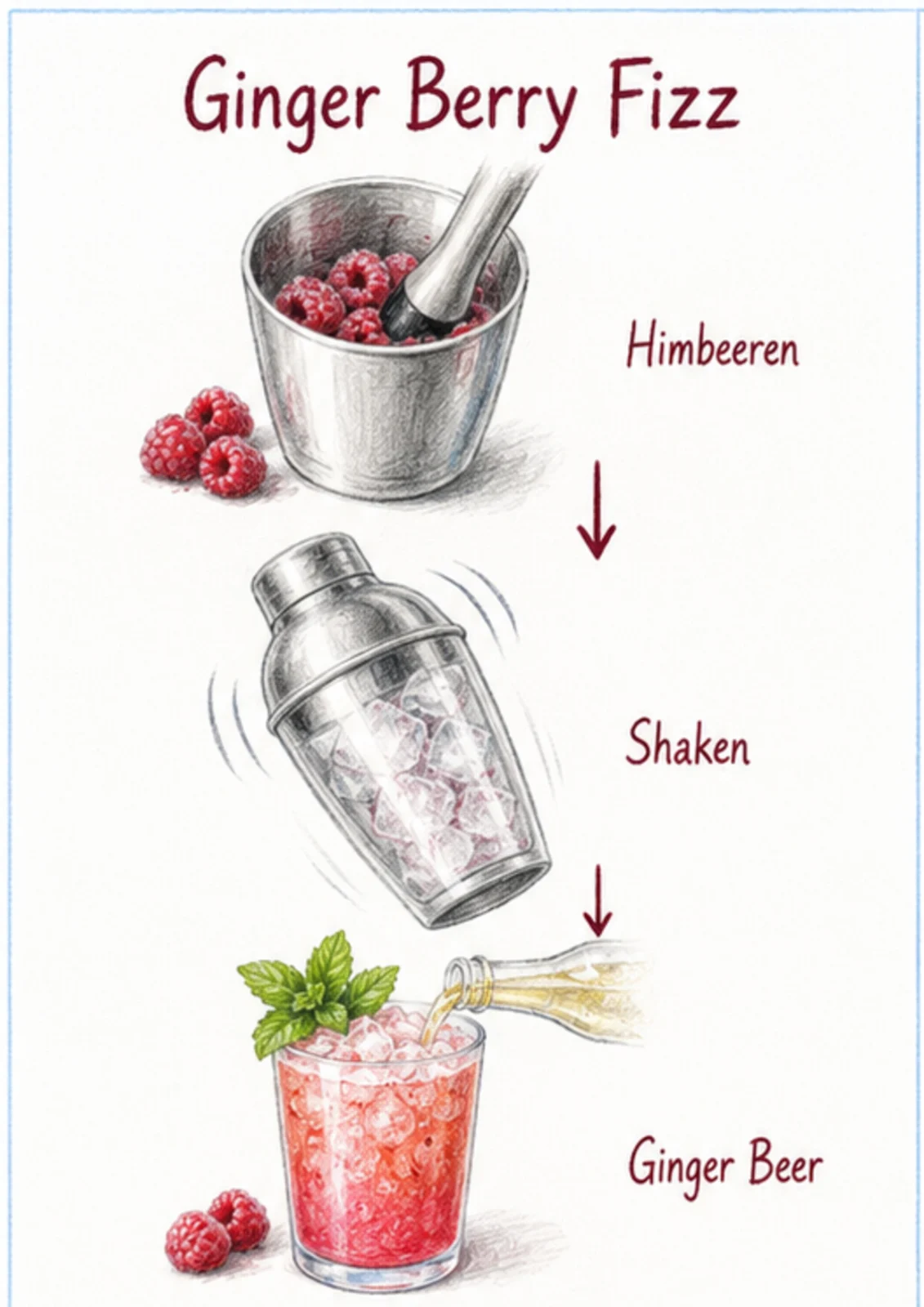 Handgezeichnete Schrittfolge für Ginger Berry Fizz: muddlen und shaken