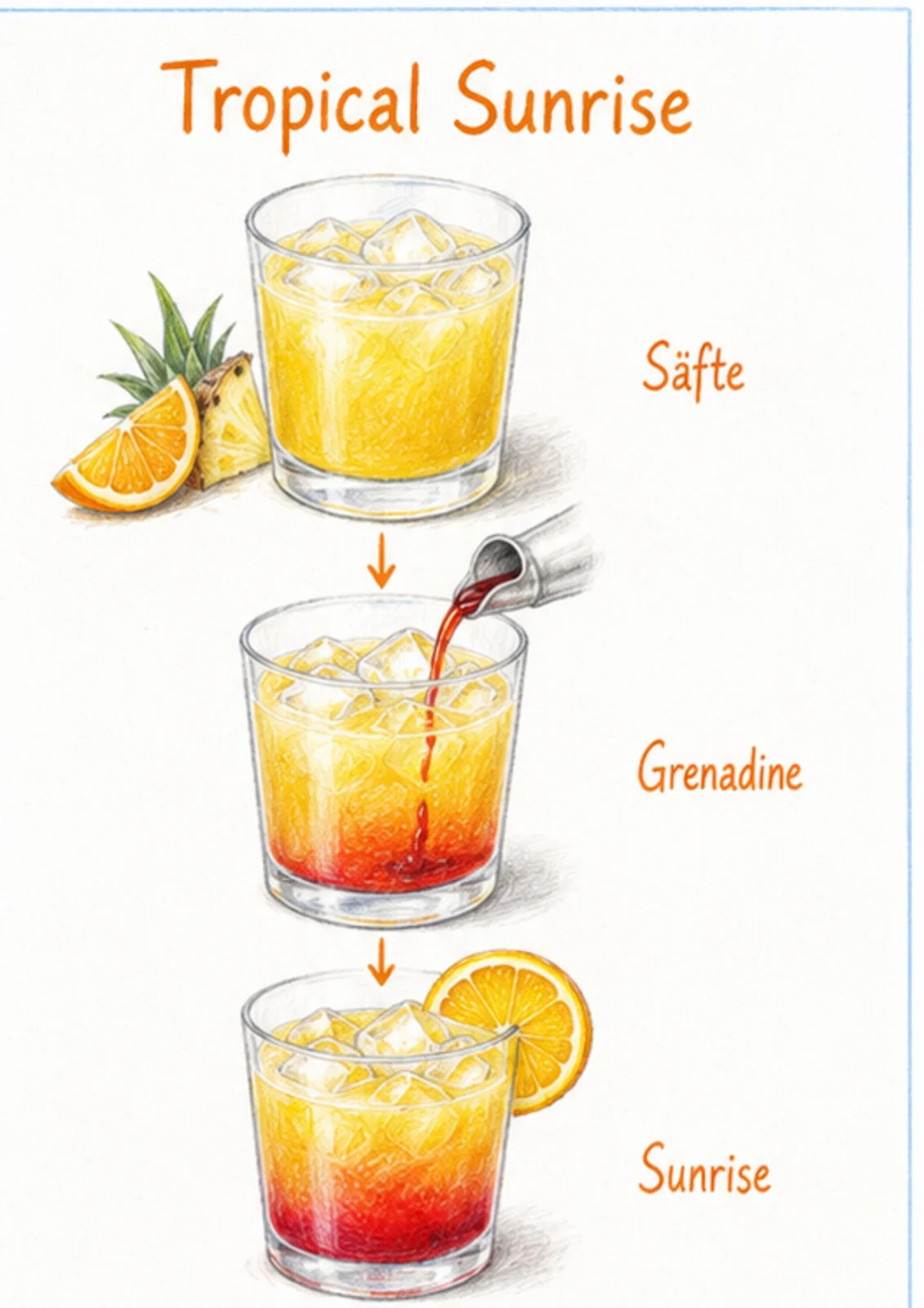 Handgezeichnete Schrittfolge für Tropical Sunrise: im glas bauen