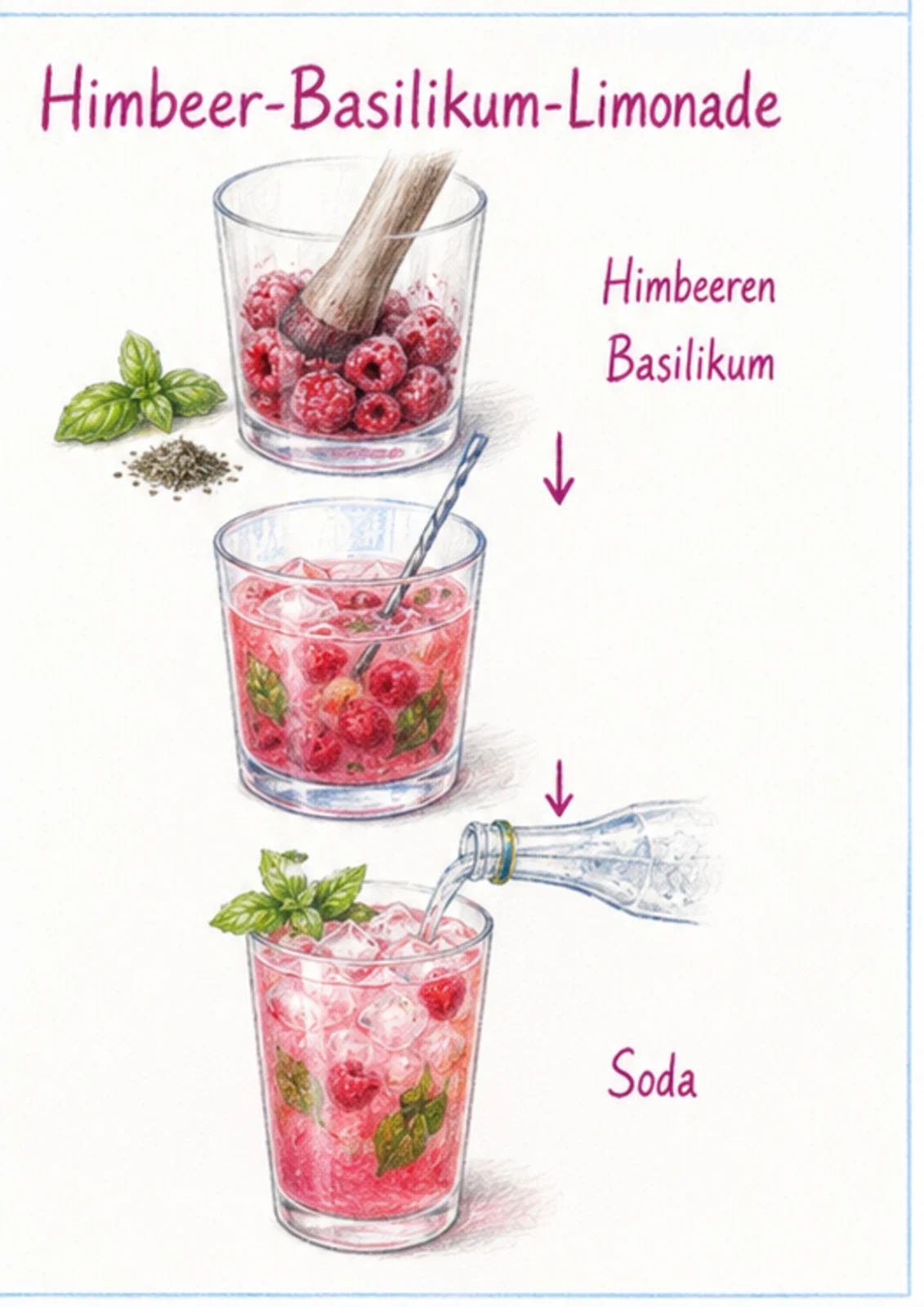 Handgezeichnete Schrittfolge für Himbeer-Basilikum-Limonade: muddlen und aufgießen